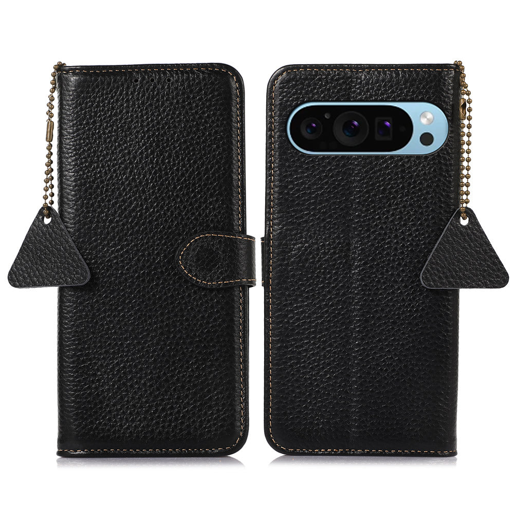 For Google Pixel 9 Wallet Case Genuine Cow Leather RFID Blocking Phone Cover Litchi Texture For Google Pixel 9 Wallet Case Genuine Cow Leather RFID Blocking Phone Cover Litchi Texture